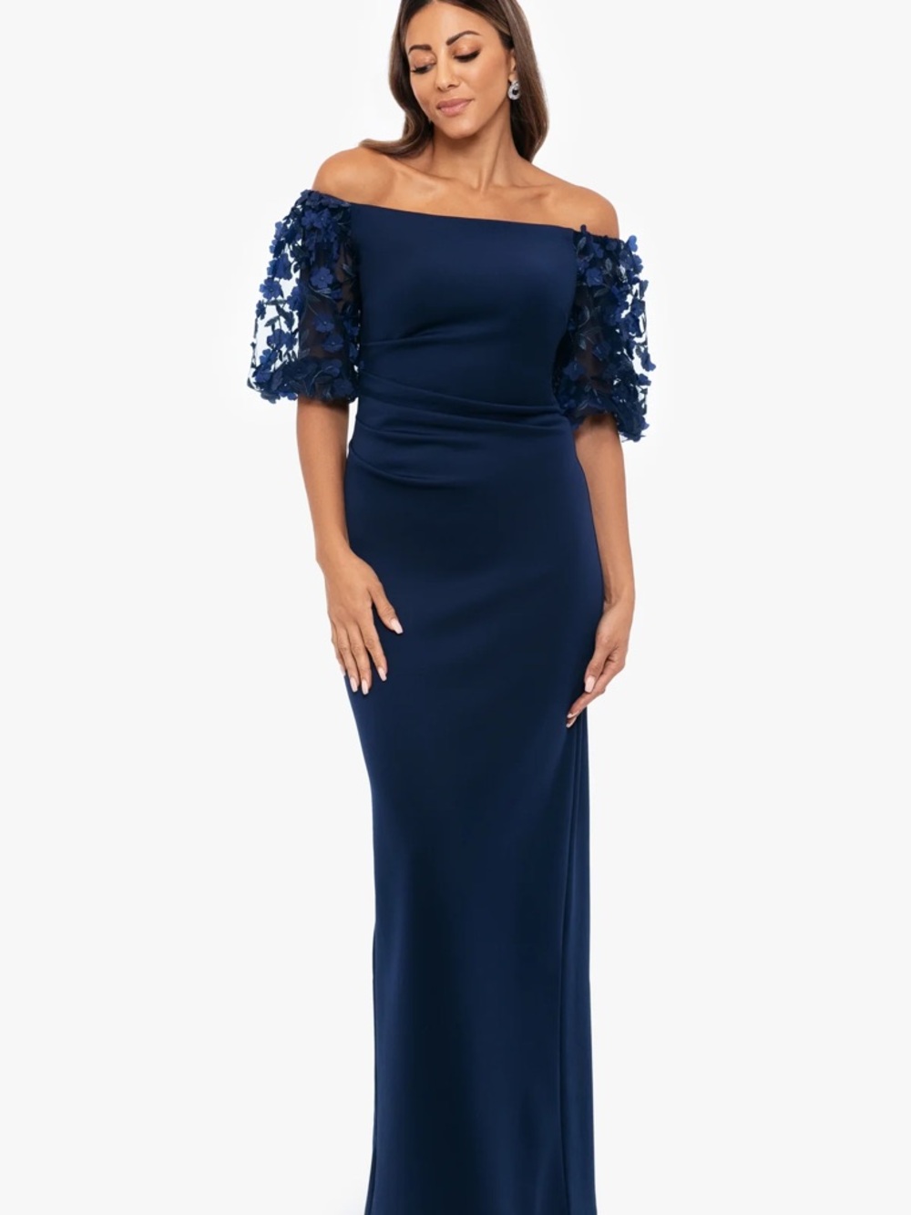 Xscape Navy Off-the-Shoulder Gown with Floral Puff Sleeves